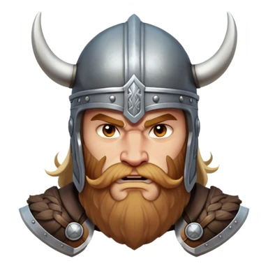 Clash of Clans aesthetic: Cinematic Fierce Viking Portrait Emoji, Poised and bold with a rugged yet stylized build, wearing a simple horned helmet and sporting a neatly trimmed beard, his face rendered in a natural skin tone, intense eyes reflecting fierce determination, Simplified yet dynamic features, highly detailed, glowing with a cool, battle-ready radiance, high shine, brave and resolute, stylized with an air of ancient Nordic valor, focused and commanding, soft glowing outline, capturing the essence of a fearless Viking adventurer ready to set sail on epic quests! sticker