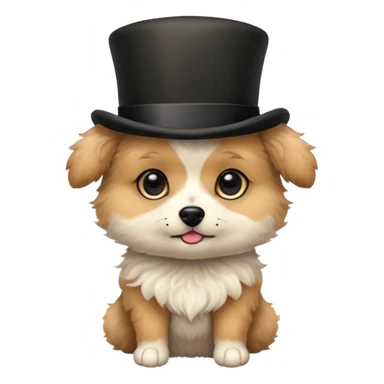 cute small dog with plain light tan fur, black nose, black round eyes, curly fluffy medium length hair, wearing a top hat sticker