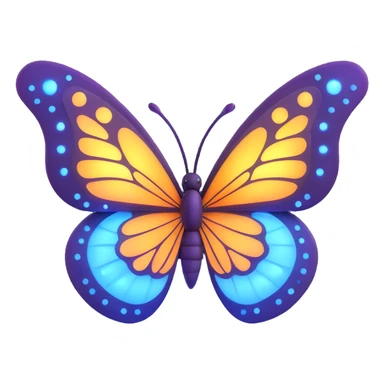 Add more decorations: more magical dust, glowing particles, and light effects around the butterfly. Maintain the 3D cartoon, elegant, fantasy style with a transparent background. sticker