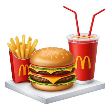 make a Luxe Cheeseburger Meal combo with cold drink inside that a straw and some ice cubes and beside some McDonald's fries box inside some thick fries

 with a angle to 15–20° gentle bird’s-eye angle  sticker