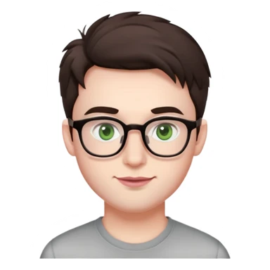 Young man with short but voluminous poofy dark brown hair, green eyes wearing glasses, wide face with eyes set apart, bigger ears, very pale skin, slightly bigger nose, fuller darker pink lips with a smile, and very light stubble sticker