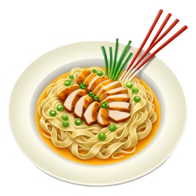 A plate of noodles with yellow sauce and chicken at the top sticker