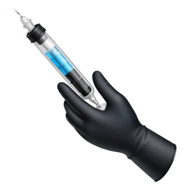 mano con guante medico de color negro sosteniendo una jeringa sticker