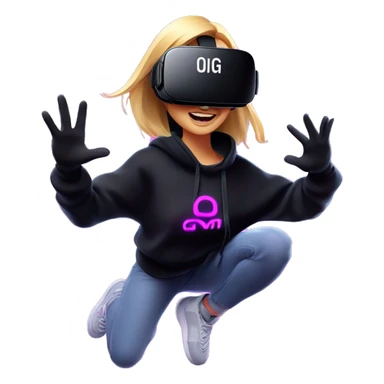 Russian girl wearing black hoody with violet letters "OMG", in vr headset oculus quest2. jumping. Cyberpunk style. Violet neon. sticker