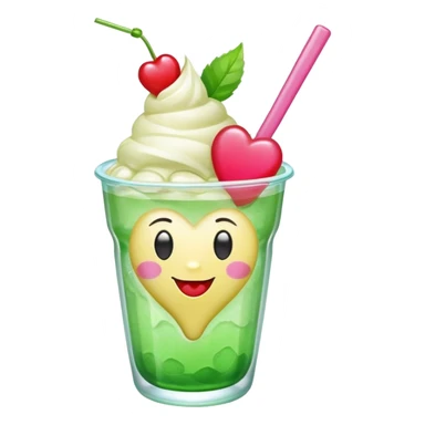 clear emoji-style of a green soda float with ice, vanilla ice cream scoop, two red cherries, pink heart-shaped straw, simple shapes, bright colors, glossy, kawaii style, centered, transparent background
 sticker