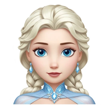 Cinematic Realistic Elsa Portrait, depicted with lifelike skin texture, soft natural lighting, and intricately detailed platinum blonde hair styled elegantly. Her striking, expressive blue eyes exude confidence and grace, complemented by a serene and regal expression. She is dressed in her signature icy attire, with shimmering fabric textures and delicate folds that catch the light beautifully. The portrait features a soft, enchanting glow with a cool, radiant finish, capturing the essence of timeless elegance in a realistic and painterly style, evoking a sense of depth and authenticity. sticker