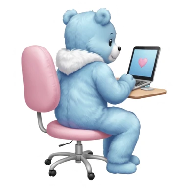 Care bear back view, sit on a chair, working on a computer sticker