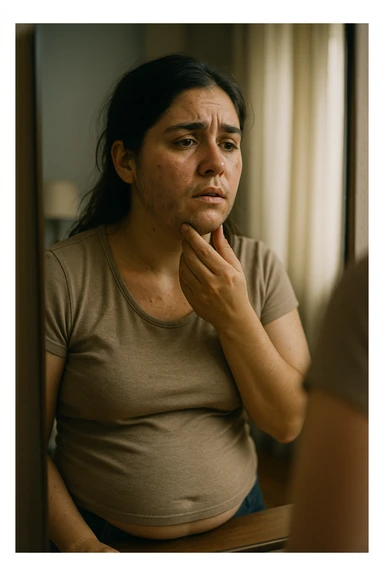 A realistic, cinematic portrait of a young woman in her late 20s standing in front of a mirror, visibly concerned while touching her chin and jawline where small dark facial hairs are noticeable, indicating hirsutism. Her skin appears oily, with a few cystic acne spots on her cheeks and jaw, and her dark hair is slightly greasy, indicating increased sebum production due to androgen excess. Her body shows mild abdominal bloating, and she looks at herself with a mix of frustration and sadness, capturing the emotional struggle linked to PCOS. The scene is set in a softly lit bedroom or bathroom with neutral daylight, with a clear mirror reflection to emphasize self-observation and discomfort. Style: realistic 35mm cinematic look, soft focus on her face and hair details, warm tones to keep it human and relatable sticker