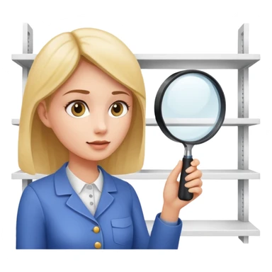 emoji of white empty shelf in perspective view with a woman nearby, she is looking at the shelfs with a magnifying glass sticker