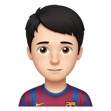 Un chico con pelo liso, demasiado pelo desordenado y negro, tiene pecas, brackets, ojos cafés oscuros y con una camisa del Barcelona sticker