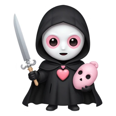 > "Cute chibi Ghostface with big shiny eyes, blush on mask, small rounded body, black cloak with heart buttons, holding a toy knife or pink phone. Pastel colors, kawaii style, soft sparkly background."
 sticker