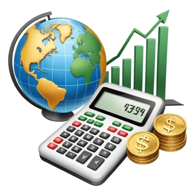 An icon featuring a calculator, a dollar sign, and a chart with upward trends, symbolizing economics. The design includes coins, bills, and a globe, representing global trade and financial systems. Transparent background highlights the study of markets, supply, and demand. sticker