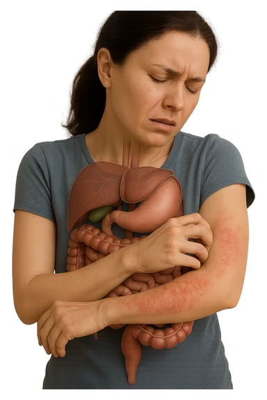 donna con intestino umano anatomico realistico che si gratta il braccio su cui ha un'eritema, iperrealistica 4k sticker