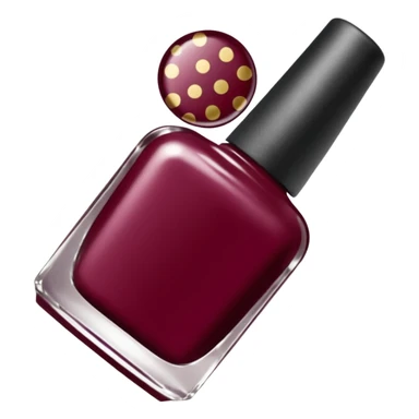 burgundy nail polish bottle, nail polish has light gold iridescence, cap is black with white polka dots, cinematic emoji sticker