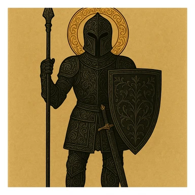 Add more intricate and detailed armor engravings, emphasize ornate black metalwork, keep dramatic fantasy style. sticker