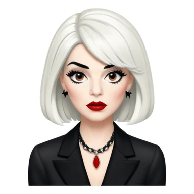 Moira Rose from Schitt's Creek with dramatic black and white outfit, bold red lips, distinctive black wig, and exaggerated expression sticker
