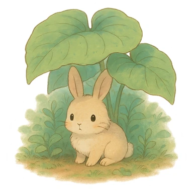a bunny hiding under giant forest leaves, whimsical feel, soft pastel colors, ghibli style sticker