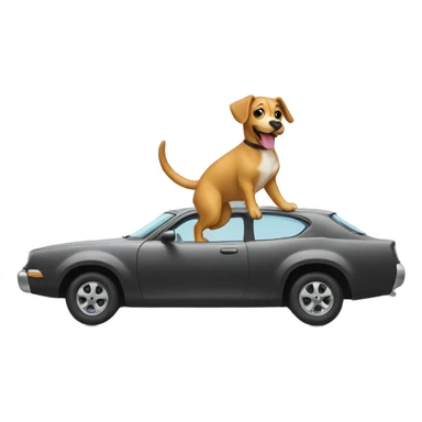 A dog flying on a car with a long tail sticker