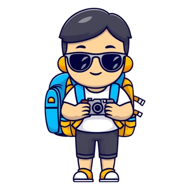 Asian tourist with backpack taking photos, sunglasses sticker
