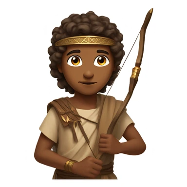 A Young Boy from the ancient Middle East with a brown headband, brown hair, brown skin, brown ancient Middle Eastern style clothes, using a bow and arrow and behind him is a Divine light. sticker