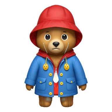A bear in a red rain hat and a blue raincoat with yellow buttons down the middle sticker