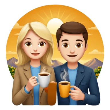 Man and a woman sitting in the sun with coffee sticker