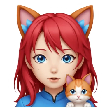 cute anime girl with cat ears, red blowing hair sticker