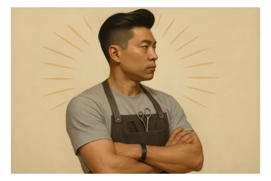 shu pozada turgan faqat o'ng tarafga qarab turgan sartarosh ustani tasvirlab ber realistik uslubda yoshi kattaroq soqol shart emas va osiyolik erkak  sticker