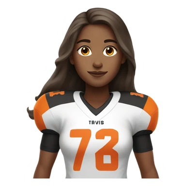 Girl with long brown hair, wearing orange and black football jersey sticker