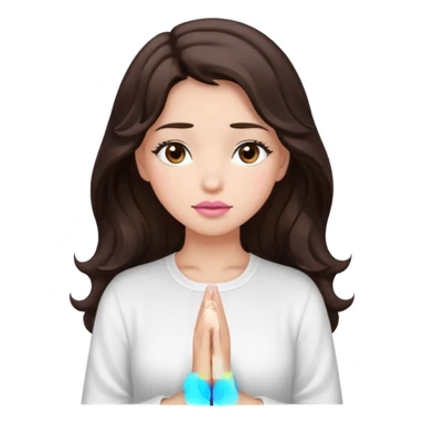 girl with wavy long glamorous dark brown hair, brown eyes, light to medium complexion, long lashes, light pink lipstick, praying sticker
