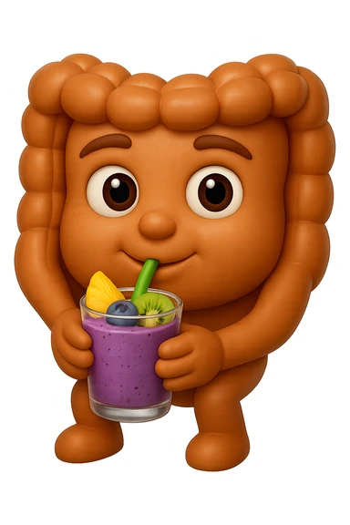 EMOJI STILE IPHONE DI un intestino umano anatomico che beve un frullato di mirtilli, ananas, kiwi, fagli anche la parte bianca degli occhi, non solo le pupille, REALISTICo 4K sticker