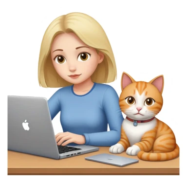 A girl is working on a laptop with a cat lying next to it sticker