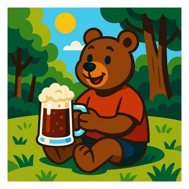 cartoon bear in a red t-shirt sitting on grass in a sunny forest clearing on a clear summer day, holding a glass mug of kvass with foam sticker