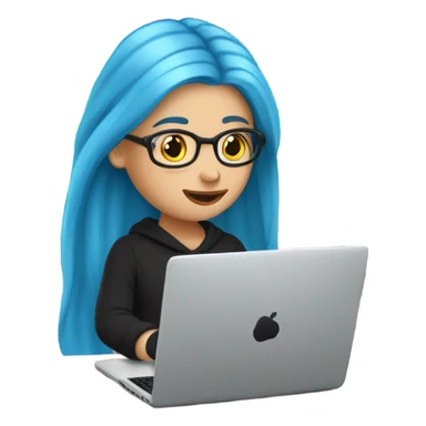 a white girl with long blue hair in a black sweatshirt is sitting at a laptop sticker