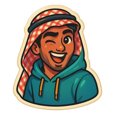 cartoonish, bold, vibrant emoji-style sticker of Ara, an Arab young man with medium brown skin, black hair, wearing casual urban Middle Eastern streetwear like a keffiyeh scarf or hoodie, winking cheekily with exaggerated expression sticker