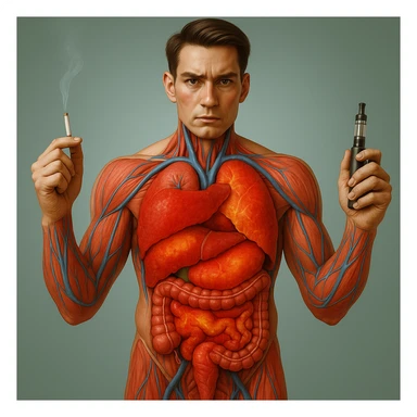Create an identical copy of the reference image: hyperrealistic 4K medical illustration of a realistic human anatomical body, highlighting inflamed liver and intestines, a man holding a lit cigarette in his right hand and an electronic cigarette in his left hand, in the exact style of the reference image. sticker