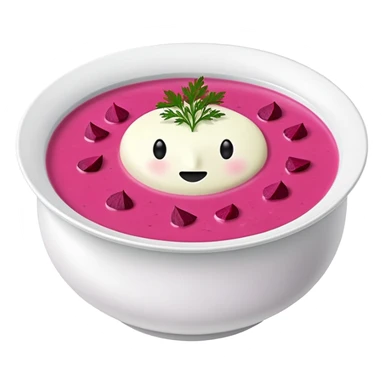 A bowl of pink soup from Lithuania with no face sticker