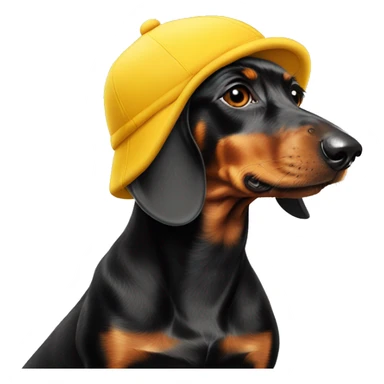 Fully black dachshund wearing yellow cap LA sticker