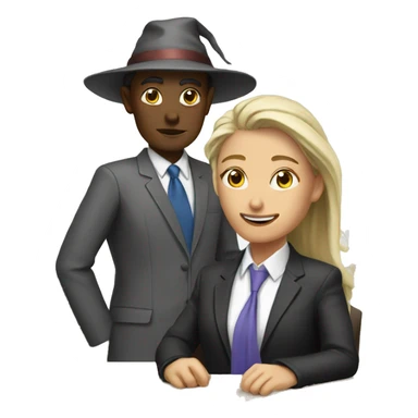 women in office with wizard h sticker