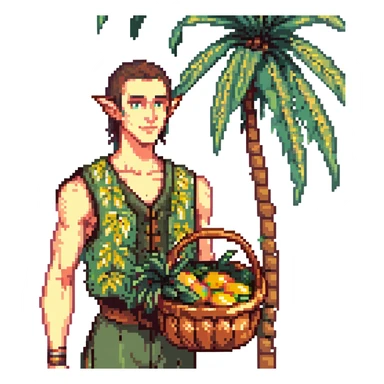 elf male Sleeveless vest with palm-leaf print, basket of exotic fruits (mango/lychee), sunburned nose. sticker
