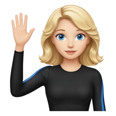 woman with blond wavy hair, tight black dress with a white line at the top, blue eyes, waving sticker