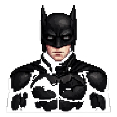 Edit the images to depict Robert Pattinson with a Batman look in pixel art style. Add a black cowl with bat ears and a dark suit. Keep the background transparent. The style should resemble pixel art with clear pixelated details and colors. sticker