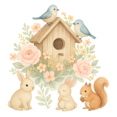 birdhouse with flowers and forest creatures including bunnies, birds, and squirrels, cozy pastel design with soft pastel colors, transparent background sticker