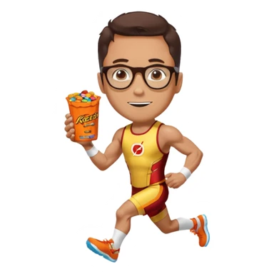 Ironman athletic built wearing a singlet, tan, sutro glasses, half tights, gels for running and loves recess pieces and watching tv but also a social worker sticker