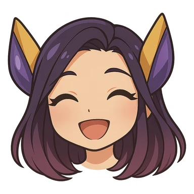Create a chibi style emote of Kaisa from League of Legends showing a happy expression, only the head is visible. This is alternate happy expression 2 with a transparent background. sticker