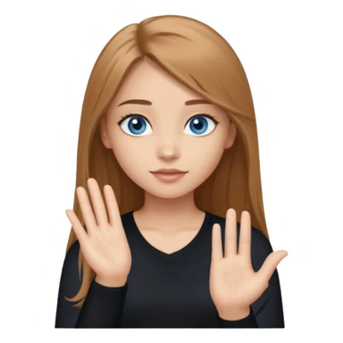 A girl with long eyelashes, long light brown hair, blue eyes, with her palm up. with black undershirt sticker