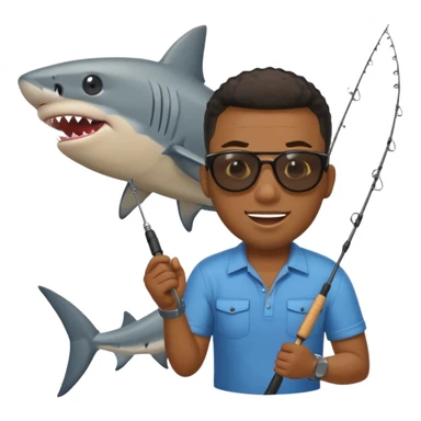Black man reeling in a shark with a fishing pole, emoji style sticker