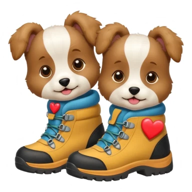 2 puppies with hiking boots on and a heart  sticker