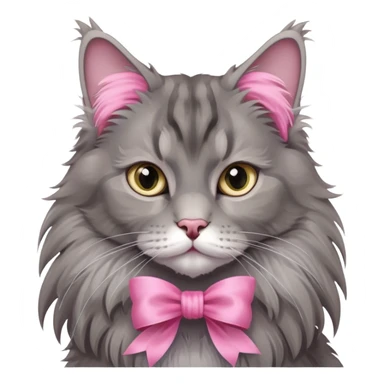 A grey Maine coon Neck Wearing a pink silk ribbon sticker