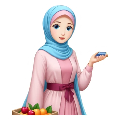 Turkish beautiful finish Konya girls blue eyes with lovely cherry blossom hijab long tail dress and the friends shopping in a market fruits sticker